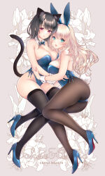 Rule 34 | 2girls, adapted costume, animal ears, atago (kancolle), ayase hazuki, bare shoulders, black hair, black pantyhose, black thighhighs, blonde hair, blue footwear, blue leotard, blush, bow, bowtie, breasts, cat ears, cat girl, cat tail, comiket 103, covered navel, detached collar, extra ears, fake animal ears, fake tail, floral background, green eyes, grey background, high heels, highres, kantai collection, large breasts, large pectorals, leotard, long hair, looking at viewer, multiple girls, open mouth, pantyhose, pectorals, playboy bunny, pumps, rabbit ears, red eyes, shoes, short hair, smile, stiletto heels, strapless, strapless leotard, tail, takao (kancolle), thighhighs, traditional bowtie, wrist cuffs