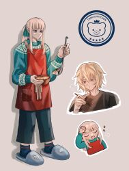 Rule 34 | 2boys, absurdres, alternate costume, androgynous, apron, bear, blonde hair, blue eyes, blunt bangs, brown eyes, canute, chewing, closed mouth, eating, english text, eyebrows, eyebrows hidden by hair, eyelashes, food, full body, hair between eyes, harumakijiro, highres, holding, holding food, long hair, male focus, multiple boys, ponytail, sidelocks, simple background, slippers, soup, soup ladle, sparkle, spoon, star (symbol), sweater, thorfinn, vinland saga