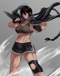Rule 34 | 1girl, abs, artist name, bandaid, bandaid on cheek, bandaid on face, black gloves, black hair, black jacket, black shorts, braid, braided ponytail, breasts, brown eyes, cleavage, clenched hands, clenched teeth, collarbone, cowboy shot, dated commentary, dolphin shorts, eyebrows hidden by hair, fighting stance, fingerless gloves, gloves, grey background, grey tank top, groin, hair between eyes, hands up, highres, hunyan, jacket, jacket on shoulders, knee pads, large breasts, long hair, looking at viewer, low ponytail, midriff, muscular, muscular female, navel, original, short shorts, shorts, sidelocks, simple background, single knee pad, solo, standing, tank top, teeth, very long hair, xiao (hunyan)