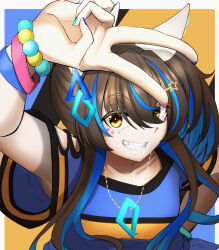 Rule 34 | 1girl, absurdres, animal ears, arm up, armpits, bead bracelet, beads, blue shirt, border, bracelet, brown hair, clothing cutout, colored inner hair, commentary request, daitaku helios (umamusume), ear covers, facial tattoo, grin, hair ornament, hairclip, hand on own hip, highres, horse ears, horse girl, horse tail, janome de omukae, jewelry, looking at viewer, medium hair, multicolored hair, multicolored nails, nail polish, necklace, shirt, short sleeves, shoulder cutout, smile, solo, streaked hair, tail, tattoo, two-tone background, two-tone hair, two-tone shirt, umamusume, v, white border, yellow eyes, yellow shirt