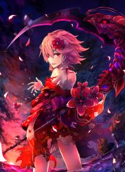 Rule 34 | 1girl, absurdres, back, bad id, bad pixiv id, bare shoulders, evil smile, flower, from behind, hair flower, hair ornament, highres, japanese clothes, kimono, looking at viewer, looking back, petals, pink hair, red eyes, scythe, sergestid shrimp in tungkang, smile, solo, sunset, torn clothes, torn kimono, wading, water, water drop, wind, xiaowei (xxx29042536), xuan ying