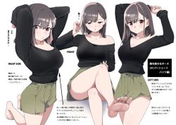 Rule 34 | 1girl, barefoot, black shirt, breasts, brown hair, cleavage, collarbone, commentary request, green shorts, kuro (toi et moi), large breasts, medium hair, multiple pov, original, pink eyes, pov, shirt, shorts, solo, translation request