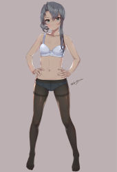 Rule 34 | 10s, 1girl, asymmetrical hair, bow, bow bra, bra, breasts, crotch seam, eight tohyama, feet, kantai collection, long hair, nowaki (kancolle), panties, panties under pantyhose, pantyhose, silver hair, simple background, small breasts, solo, thighband pantyhose, underwear, underwear only, white bra, white panties