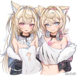 Rule 34 | 2girls, absurdres, alternate breast size, animal ears, artist name, blonde hair, blue eyes, blue hair, breasts, cleavage, collar, commentary, cropped jacket, cropped shirt, dog ears, dress, english commentary, flat chest, fur trim, fuwawa abyssgard, fuwawa abyssgard (1st costume), hair between eyes, hair intakes, hair ornament, hairband, hairclip, headphones, headphones around neck, highres, hololive, hololive english, jacket, jacket partially removed, jewelry, large breasts, long hair, looking at viewer, midriff, mococo abyssgard, mococo abyssgard (1st costume), multicolored hair, multiple girls, navel, off shoulder, pendant, pink eyes, pink hair, shirt, short hair, siblings, simple background, sisters, smile, sobbi11, streaked hair, twins, twitter username, two side up, upper body, virtual youtuber, white background, white dress, white shirt, x hair ornament