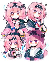 Rule 34 | 1girl, absurdres, akaruku, alternate hairstyle, animal ears, arknights, black headband, blush, blush stickers, braid, cat ears, cat girl, clenched hand, commentary, empty eyes, english commentary, flying sweatdrops, full body, goldenglow (arknights), hand up, head tilt, headband, highres, infection monitor (arknights), jacket, lightning bolt print, long hair, looking at viewer, looking down, multiple views, orange eyes, pink footwear, pink hair, pink jacket, playing with own hair, scribble, shirt, short hair, side braid, simple background, smile, socks, upper body, white background, white shirt, white socks