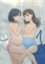 Rule 34 | 2girls, bed, belly-to-belly, blue panties, breasts, brown eyes, from above, hair ornament, hairclip, highres, holding hands, looking at another, lying, maternity underwear, medium breasts, medium hair, multiple girls, panties, pillow, pink panties, pregnant, short hair, smile, underwear, underwear only, youshun, yuri