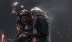 Rule 34 | 1boy, 1girl, arm wrap, armor, artist name, ashen one (dark souls 3), ashtray, black theme, blonde hair, braid, burning, cape, capelet, commentary, covered eyes, dark, dark souls (series), dark souls iii, fire keeper, from side, full armor, gauntlets, glowing, grey background, hand on another&#039;s arm, helmet, leaning on person, long hair, mask, parted lips, profile, single braid, smoke, sword, upper body, very long hair, weapon, wlop