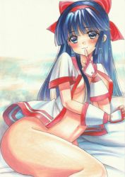 Rule 34 | 1girl, absurdres, ainu clothes, blue eyes, blue hair, bottomless, breasts, finger to mouth, hair ribbon, highres, large breasts, long hair, looking at viewer, lying, nakoruru, navel, no bra, open clothes, ribbon, samurai spirits, seductive smile, smile, snk, solo, thick thighs, thighs, tomoeri, traditional media