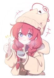 Rule 34 | + +, 1girl, blue archive, blue eyes, blush, braid, brown hat, brown jacket, closed mouth, giorgio (yo sumire sola1), hair between eyes, halo, hat, holding, hood, hood down, hooded jacket, jacket, long hair, long sleeves, looking at viewer, maki (blue archive), maki (camp) (blue archive), official alternate costume, red hair, red halo, simple background, smile, solo, twin braids, upper body, white background