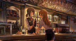 Rule 34 | 2girls, arm support, bar (place), bottle, bow, bowtie, brown eyes, brown hair, collared shirt, counter, cowboy shot, cup, drinking glass, huanxiang heitu, indoors, light brown hair, long hair, looking at another, low ponytail, multiple girls, original, pencil skirt, scenery, shirt, short ponytail, sidelocks, skirt, sleeves rolled up, smile, standing, talking, vest, wine glass