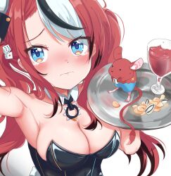 Rule 34 | 1girl, alcohol, arm up, armpits, bare shoulders, blue eyes, blush, breasts, cafelittle, carrying, cleavage, collar, cup, drinking glass, furrowed brow, hakos baelz, highres, hololive, hololive english, huge breasts, leotard, long hair, looking at viewer, looking up, mr. squeaks (hakos baelz), nut (food), playboy bunny, rabbit tail, red hair, tail, tearing up, tray, twintails, virtual youtuber, white background, wine, wine glass