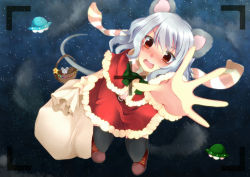 Rule 34 | 1girl, animal ears, bad id, bad pixiv id, black thighhighs, blush, embarrassed, from above, grey hair, looking up, miniskirt, mouse ears, mouse tail, nazrin, night, night sky, nnyara, open mouth, red eyes, santa costume, scarf, skirt, sky, solo, tail, thighhighs, touhou, ufo, viewfinder, zettai ryouiki