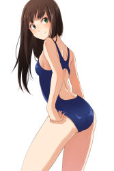 Rule 34 | 10s, 1girl, ass, brown hair, competition swimsuit, from behind, green eyes, highres, idolmaster, idolmaster cinderella girls, long hair, looking back, nei (etc), one-piece swimsuit, shibuya rin, simple background, solo, swimsuit