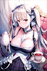Rule 34 | 1girl, areola slip, azur lane, between breasts, blush, breasts, chair, choker, cleavage, commentary request, corset, cup, earrings, formidable (azur lane), frills, hair ribbon, highres, jewelry, large breasts, long hair, looking at viewer, necktie, necktie between breasts, plate, platinum blonde hair, red eyes, rei (rei&#039;s room), revision, ribbon, solo, sparkle, spoon, tea, teacup, teapot, twintails, two-tone dress, two-tone ribbon, very long hair