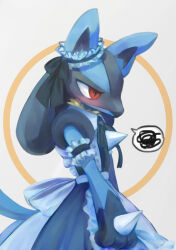 Rule 34 | 1girl, animal ears, animal hands, apron, arm garter, arms at sides, averting eyes, back bow, black dress, black fur, black ribbon, blue fur, blush, body fur, bow, butter (oshi8kyoumoh), clothed pokemon, collared dress, creatures (company), dress, ear ornament, embarrassed, female focus, frilled apron, frills, furry, furry female, game freak, gen 4 pokemon, grey background, long dress, lucario, maid, maid apron, multicolored fur, neck ribbon, nintendo, pokemon, pokemon (creature), red eyes, ribbon, simple background, snout, solo, speech bubble, spikes, spoken squiggle, squiggle, standing, tail, white apron, wolf ears, wolf girl, wolf tail, yellow fur
