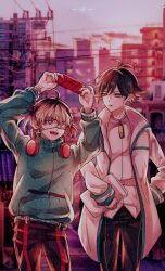 Rule 34 | 2boys, ahoge, androgynous, black hair, blonde hair, blue hair, blue jacket, coat, handheld game console, headphones, headphones around neck, highres, holding, holding handheld game console, jacket, long sleeves, looking at another, makino chisato, multicolored hair, multiple boys, niimura kou, ookami game (studio wasabi), open mouth, red hair, rurikawa yuuto, shirt, short hair, short twintails, twintails, white coat, white shirt