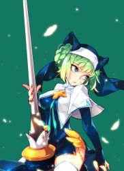 Rule 34 | + +, 1girl, adapted costume, alicecrazy, animal ears, armor, blue ribbon, braid, capelet, cat ears, dress, falling feathers, feathers, fingerless gloves, gloves, glowing feather, grand chase, green background, green hair, habit, highres, lance, lime (grand chase), lime serenity, looking back, nail polish, polearm, ribbon, sexually suggestive, short dress, simple background, solo, straddling, thighhighs, thighs, tsurime, weapon, zettai ryouiki