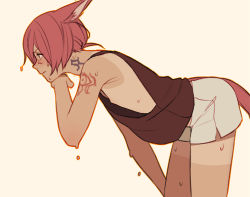 Rule 34 | 1boy, animal ears, bent over, blouse, cat boy, cat ears, cat tail, facial mark, ffxivys, final fantasy, final fantasy xiv, from side, g&#039;raha tia, loose clothes, loose shirt, miqo&#039;te, neck tattoo, red eyes, red hair, shirt, short hair, short shorts, shorts, shoulder tattoo, sleeveless, sleeveless shirt, solo, sweat, tail, tan, tanline, tattoo
