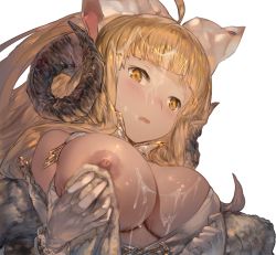 Rule 34 | 10s, 1girl, anila (granblue fantasy), aos, bare shoulders, blonde hair, blush, breast hold, breasts, cum, cum on body, cum on breasts, cum on hair, cum on upper body, draph, facial, gloves, granblue fantasy, hair ribbon, horns, large breasts, long hair, looking at viewer, nipples, open mouth, ribbon, simple background, solo, white background, yellow eyes