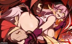 Rule 34 | 1boy, 2girls, absurdres, android, angel, angel wings, animal ears, ass, bird ears, black wings, breasts, commentary, crop top, cross, english commentary, gloves, gradient hair, grey hair, hair between eyes, halo, hetero, highres, holding, holding scythe, holding weapon, jibril (no game no life), large breasts, long hair, low wings, magic circle, mechanical parts, multicolored hair, multiple girls, nipples, no game no life, open mouth, orphen (pink seito), pink hair, riku (no game no life), robot ears, scythe, shuvi (no game no life), sitting, sitting on face, sitting on person, smile, teeth, thighs, twitter username, upper teeth only, very long hair, weapon, wing ears, wings, yellow eyes