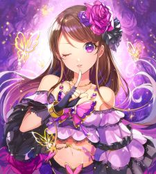 Rule 34 | 1girl, aikatsu!, aikatsu! (series), bare shoulders, black flower, black rose, blush, brown hair, bug, butterfly, collarbone, commentary request, crop top, fingerless gloves, flower, gloves, hair flower, hair ornament, hand up, bug, long hair, long sleeves, looking at viewer, matsurika youko, navel, one eye closed, parted lips, pink flower, pink rose, pink shirt, purple eyes, purple flower, purple gloves, purple rose, rose, shibuki ran, shirt, solo, very long hair, wide sleeves
