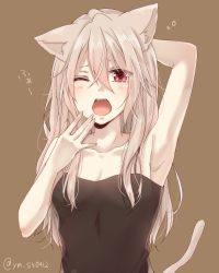 Rule 34 | 1girl, animal ear fluff, animal ears, arm behind head, arm up, armpits, bare arms, bare shoulders, black camisole, blush, breasts, brown background, brown hair, camisole, cat ears, cat girl, cat tail, cleavage, collarbone, commentary request, hair between eyes, hand up, long hair, one eye closed, open mouth, original, red eyes, simple background, small breasts, solo, tail, tears, teeth, upper teeth only, yamasuta, yawning