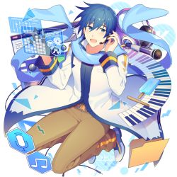 Rule 34 | 1boy, bad id, bad pixiv id, beamed eighth notes, blue eyes, blue hair, blue nails, blue scarf, blush, brown pants, coat, folder, hand on own ear, hand on own ear, hands up, headphones, headset, holographic interface, ice cream bar, instrument, kaito (vocaloid), keyboard (instrument), light blush, looking at viewer, male focus, microphone, microphone symbol, musical note, nail polish, open mouth, pants, popsicle stick, scarf, sinaooo, smile, solo, vocaloid, white coat, window (computing)