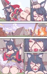 Rule 34 | 1boy, 1girl, absurdres, ahri (league of legends), ball gag, bound, breasts, campfire, camping, crate, darius (league of legends), dragging, eyeshadow, gag, grabbing another&#039;s hair, harness gag, highres, large breasts, league of legends, leveen, makeup, miniskirt, outdoors, panties, red eyeshadow, red panties, sitting, skirt, tent, underwear, waking up, wariza, white skirt