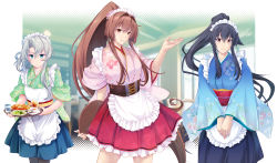 Rule 34 | 3girls, alternate costume, apron, asymmetrical hair, black hair, black legwear, blue hakama, blue kimono, blush, breasts, brown hair, cherry blossoms, commentary request, cup, dress, feet out of frame, flipped hair, floral print, flower, food, frilled apron, frilled skirt, frills, glass, green eyes, green kimono, hair between eyes, hair flower, hair ornament, hakama, hakama short skirt, hakama skirt, high ponytail, highres, holding, holding tray, japanese clothes, kantai collection, kimono, lamp, large breasts, leaning forward, long hair, looking at viewer, looking to the side, maid, maid apron, maid day, maid headdress, map (blue catty), multiple girls, nowaki (kancolle), obi, pantyhose, pink kimono, ponytail, print kimono, red eyes, sash, sidelocks, silver hair, skirt, smile, standing, swept bangs, teacup, teeth, tray, very long hair, wa maid, waitress, white apron, wide sleeves, yahagi (kancolle), yamato (kancolle)