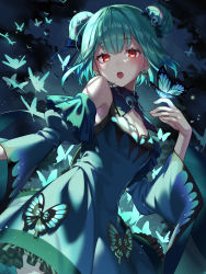 Rule 34 | 1girl, animal, animal on hand, bad id, bad pixiv id, blue dress, blue sleeves, breasts, bug, butterfly, cleavage, commentary request, detached sleeves, double bun, dress, frilled dress, frills, green hair, hair bun, hair ornament, hand up, highres, hololive, insect, juliet sleeves, long sleeves, looking at viewer, masyu jyaga, open mouth, puffy sleeves, red eyes, skull hair ornament, sleeveless, sleeveless dress, small breasts, solo, teeth, upper teeth only, uruha rushia, uruha rushia (1st costume), virtual youtuber, wide sleeves