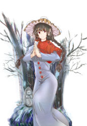 Rule 34 | 1girl, braid, branch, brown hat, buttons, capelet, closed mouth, commentary request, dress, grey dress, grey hair, hair ornament, hands up, hat, highres, long hair, long sleeves, looking to the side, own hands together, pink eyes, red capelet, smile, snow, solo, standing, statue, tk31, touhou, tree, twin braids, yatadera narumi