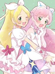 Rule 34 | 2girls, blonde hair, bow, braid, brooch, commentary, cure prism, cure rhythm, dress, dress bow, earrings, elbow gloves, french braid, frown, gloves, green eyes, hair bow, hair ribbon, heart, highres, hirogaru sky! precure, hug, hug from behind, jewelry, layered dress, long hair, looking at viewer, magical girl, minamino kanade, multiple girls, nijigaoka mashiro, one eye closed, open mouth, pink hair, ponytail, precure, puffy short sleeves, puffy sleeves, ribbon, shigen pr, short dress, short sleeves, side braids, sleeveless, sleeveless dress, smile, sparkle, suite precure, very long hair, white bow, white ribbon, wing brooch