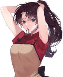 Rule 34 | 1girl, adjusting hair, apron, armpit peek, armpits, bad id, bad twitter id, black hair, blue eyes, breasts, collared shirt, fate/stay night, fate (series), hair tie, hair tie in mouth, hand in own hair, highres, long hair, looking at viewer, medium breasts, mouth hold, official alternate costume, partially unbuttoned, ponytail, red shirt, ribbon, shimatori (sanyyyy), shirt, short sleeves, simple background, solo, sweatdrop, tohsaka rin, tying hair, up sleeve, white background