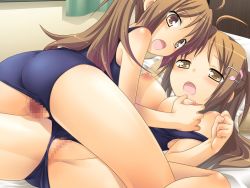 Rule 34 | 2girls, grabbing another&#039;s breast, breasts, brown hair, censored, character request, famima!, girl on top, grabbing, hair ornament, hairclip, kannazuki genshi, multiple girls, ouma hibiki, pussy, puzzlebox, school swimsuit, siblings, sisters, surprised, swimsuit, tagme, twins, yuri