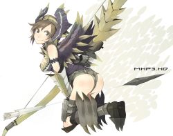 Rule 34 | 1girl, alatreon (armor), armor, arrow (projectile), ass, bad id, bad pixiv id, bare shoulders, bikini armor, boots, bow, bow (weapon), brown eyes, brown hair, capcom, from behind, full body, gauntlets, greaves, looking back, monster hunter, monster hunter (series), monster hunter portable 3rd, panties, short hair, short shorts, shorts, simple background, solo, thong, underwear, weapon, yoshito