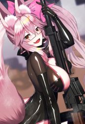 Rule 34 | 1girl, animal ear fluff, animal ears, black bodysuit, blush, bodysuit, bow, breasts, center opening, fate/grand order, fate (series), fox ears, fox girl, fox tail, glasses, gun, hair between eyes, hair bow, highres, hip vent, koyanskaya (assassin) (first ascension) (fate), koyanskaya (fate), kuroshiro (ms-2420), large breasts, latex, long hair, looking at viewer, open mouth, pink bow, pink hair, ponytail, rifle, sidelocks, smile, sniper rifle, solo, tail, tamamo (fate), thighs, weapon, yellow eyes