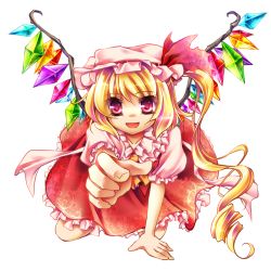 Rule 34 | 1girl, all fours, blonde hair, crystal, embodiment of scarlet devil, female focus, flandre scarlet, hakuya, hat, long hair, oigetsudou (byakuya yuu), outstretched arm, outstretched hand, reaching, red eyes, side ponytail, solo, touhou, transparent background, wings