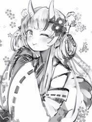 Rule 34 | 1girl, ;p, absurdres, blunt bangs, detached sleeves, flower, greyscale, hair flower, hair ornament, hair rings, highres, hololive, horns, japanese clothes, long hair, long sleeves, looking at viewer, miko, monochrome, nakiri ayame, nakiri ayame (shrine maiden), nanashi (nlo), one eye closed, ribbon-trimmed sleeves, ribbon trim, simple background, sketch, skin-covered horns, smile, solo, tongue, tongue out, virtual youtuber, wide sleeves