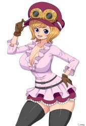 Rule 34 | 1girl, absurdres, black thighhighs, blonde hair, blue eyes, breasts, brown gloves, cleavage, collarbone, frilled shirt, frilled skirt, frills, gloves, hat, highres, koala (one piece), large breasts, looking at viewer, miniskirt, one piece, pink shirt, purple hat, purple skirt, shirt, short hair, simmsy, skirt, smile, solo, standing, thighhighs, zettai ryouiki