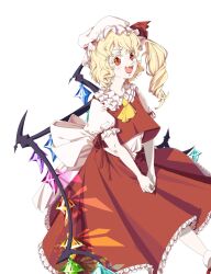 Rule 34 | 1girl, ascot, back bow, blonde hair, bow, crystal, fang, feet out of frame, flandre scarlet, frilled skirt, frilled sleeves, frills, hat, highres, huge bow, ikeda inko, large bow, long hair, long skirt, mob cap, multicolored wings, nail polish, one side up, open mouth, own hands together, puffy short sleeves, puffy sleeves, red eyes, red nails, red ribbon, red skirt, red vest, ribbon, ribbon-trimmed sleeves, ribbon trim, shirt, short sleeves, simple background, skin fang, skirt, skirt set, socks, solo, touhou, vest, white background, white bow, white hat, white shirt, white socks, wings, yellow ascot