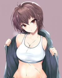 Rule 34 | 1girl, breasts, breath, brown eyes, brown hair, commentary, grey background, grey jacket, head tilt, jacket, kasai shin, long sleeves, looking at viewer, medium breasts, navel, open clothes, open jacket, opened by self, original, parted lips, short hair, simple background, solo, sports bra, sweat, upper body, wet, wet hair, white sports bra