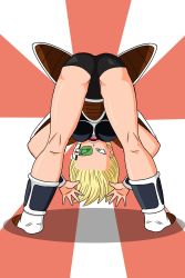 Rule 34 | 1girl, android 18, ass, bent over, blonde hair, blue eyes, body armor, body switch, captain ginyu, dragon ball, dragonball z, from behind, full body, ginyu1992, ginyu force, ginyu force pose, green-tinted eyewear, highres, legs, looking at viewer, looking back, looking through own legs, open mouth, personality switch, scouter, solo, tinted eyewear, two-tone background, view between legs
