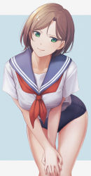Rule 34 | 1girl, blue background, blue one-piece swimsuit, blue sailor collar, brown hair, c-eye, closed mouth, collared shirt, green eyes, hands on own knees, highres, leaning forward, looking at viewer, neckerchief, one-piece swimsuit, original, red neckerchief, sailor collar, sailor shirt, school swimsuit, shirt, short hair, short sleeves, smile, solo, standing, swimsuit, thigh gap, white shirt