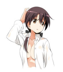 Rule 34 | 1girl, breasts, brown eyes, brown hair, collarbone, gertrud barkhorn, large breasts, open clothes, open mouth, open shirt, shirt, solo, strike witches, umekichi, white background, world witches series