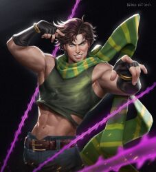 Rule 34 | 1boy, 2022, abs, absurdres, artist name, battle tendency, black background, blue eyes, brown hair, commentary, crop top, dark background, deimos art, english commentary, fingerless gloves, gloves, green scarf, grin, groin, hermit purple, highres, jojo no kimyou na bouken, joseph joestar, joseph joestar (young), looking at viewer, male focus, midriff, muscular, muscular male, plant, scarf, short hair, simple background, smile, solo, striped clothes, striped scarf, vines