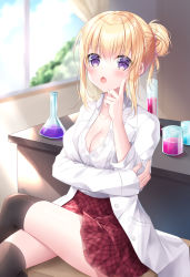 Rule 34 | 1girl, black thighhighs, blurry, blurry background, breasts, cleavage, collarbone, collared shirt, commentary request, crossed legs, curtains, day, depth of field, dress shirt, erlenmeyer flask, feet out of frame, flask, hand up, highres, index finger raised, indoors, kohinata hoshimi, lab coat, long sleeves, looking at viewer, medium breasts, open clothes, original, plaid, plaid skirt, pleated skirt, red skirt, shirt, sitting, skirt, sleeves past wrists, solo, thighhighs, white shirt, window