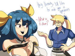 Rule 34 | 1boy, 1girl, bare shoulders, belt, blonde hair, blue hair, casual, choker, closed eyes, couple, dizzy (guilty gear), english text, guilty gear, guilty gear xrd, highres, husband and wife, ky kiske, ponytail, red eyes, ribbon, tina fate, twintails, yellow ribbon