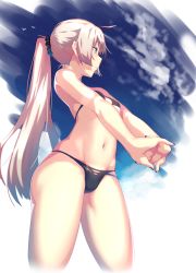 Rule 34 | 1girl, bikini, black bikini, blue eyes, blue sky, breasts, closed mouth, contrapposto, cowboy shot, day, dev (dev0614), from below, hair ornament, hair scrunchie, half-closed eyes, holding hands, highres, interlocked fingers, light brown hair, long hair, looking afar, looking away, nail polish, navel, original, outdoors, own hands clasped, own hands together, ponytail, scrunchie, sky, small breasts, solo, standing, stomach, strap gap, stretching, swimsuit