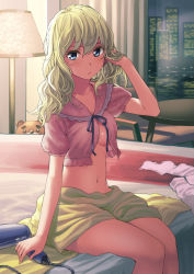 Rule 34 | 1girl, arm at side, arm up, armchair, bad id, bad pixiv id, bed, bed sheet, blue eyes, blue ribbon, blush, breasts, chair, cityscape, closed mouth, collarbone, desk lamp, green hair, hand in own hair, indoors, lamp, long hair, looking at viewer, medium breasts, navel, on bed, original, ribbon, solo, stomach, stuffed animal, stuffed toy, table, teddy bear, unworn thighhighs, towel, underboob, wavy hair, white legwear, window, yoropa