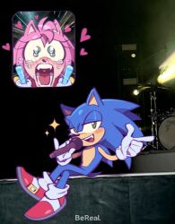 Rule 34 | 1boy, 1girl, amy rose, animal nose, ari vsart, bereal, blue fur, commentary, concert, crossed legs, drum, drum set, english commentary, fan screaming at madison beer (meme), full body, furry, furry female, furry male, gloves, green eyes, hedgehog ears, highres, holding, holding glowstick, holding microphone, inset, instrument, looking at viewer, meme, microphone, music, open mouth, photo background, pink fur, red footwear, screaming, singing, sitting, smile, sonic (series), sonic the hedgehog, tears, white gloves
